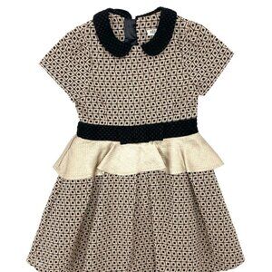 KENZO PARIS Black & Gold Peplum Dress with Peter Pan Collar & Cap Sleeves size 6